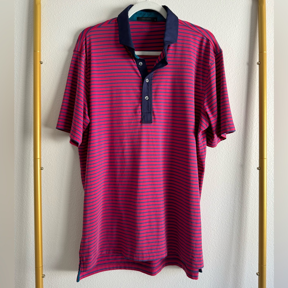 Greyson Polo Shirt Men's Sz‎ L Pink Navy Striped Performance Golf